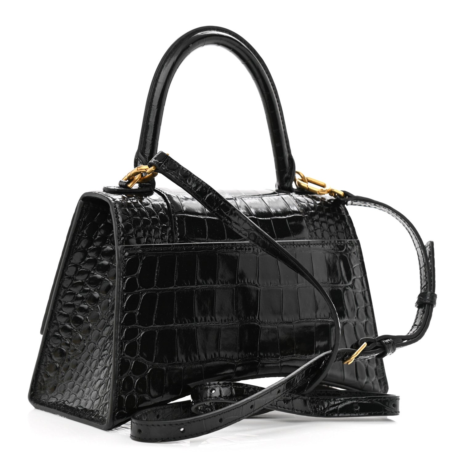 Balenciaga Shiny Calfskin Crocodile Embossed Small Hourglass Top Handle Bag Black 3 of 9