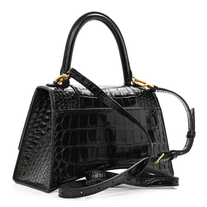 Balenciaga Shiny Calfskin Crocodile Embossed Small Hourglass Top Handle Bag Black 3 of 9