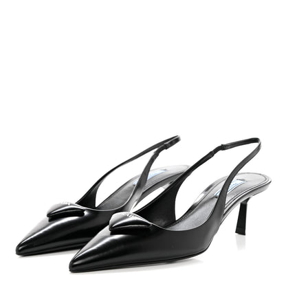 Prada Spazzolato Triangle Logo Pointed Toe 75mm Slingback Pumps 39 Black 3 of 8