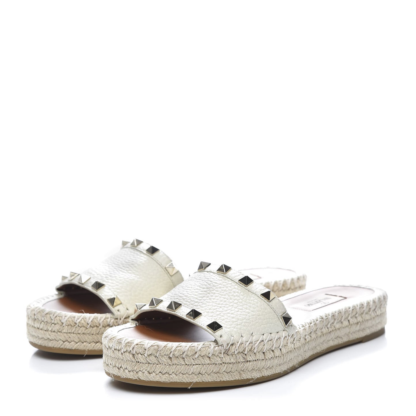 Grained Calfskin Rockstud Espadrille Flat Slide Sandals 36 Ivory