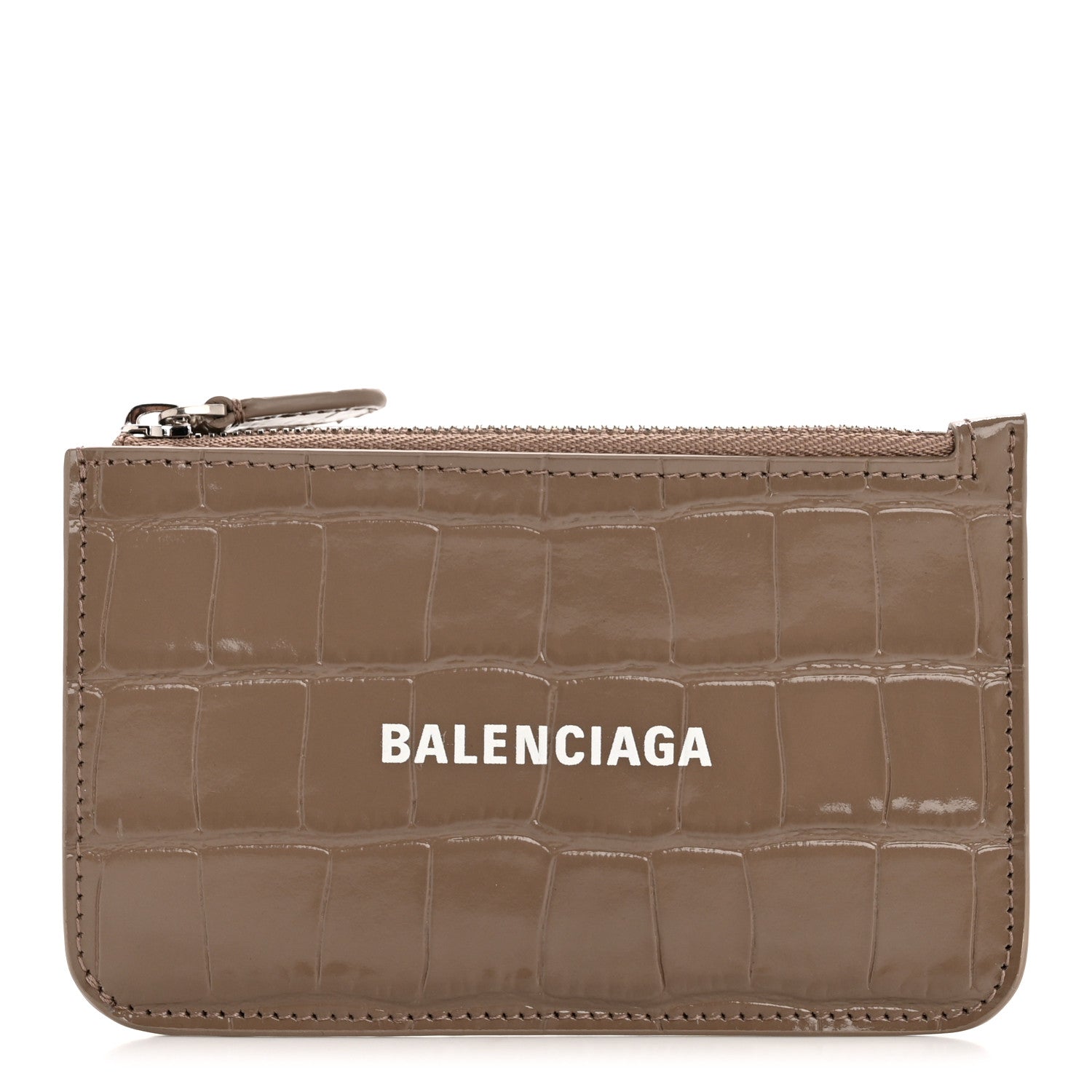 Balenciaga Shiny Calfskin Logo Crocodile Embossed Large Cash Long Coin Card Holder Mink Grey White 1 of 7