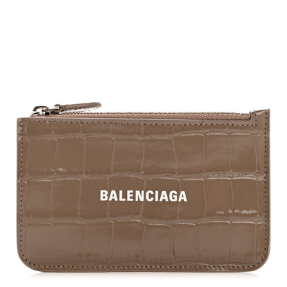 Balenciaga Shiny Calfskin Logo Crocodile Embossed Large Cash Long Coin Card Holder Mink Grey White 1 of 7