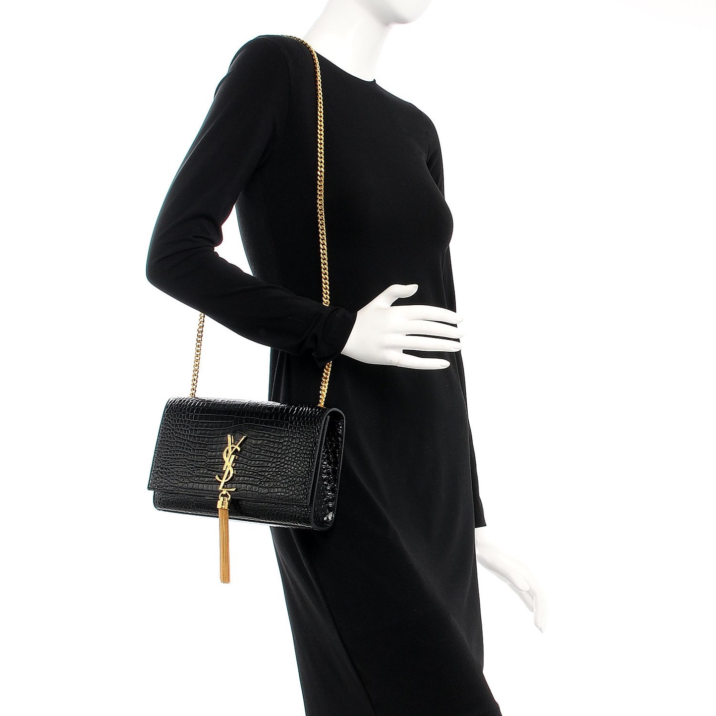 Calfskin Crocodile Embossed Medium Classic Monogram Kate Tassel Satchel Black
