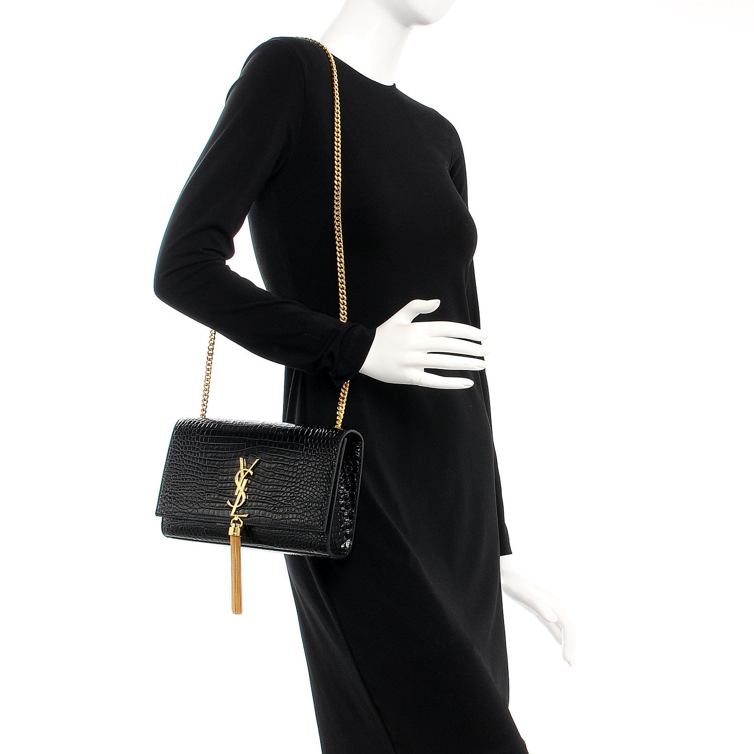 Saint Laurent Calfskin Crocodile Embossed Medium Classic Monogram Kate Tassel Satchel Black 2 of 8