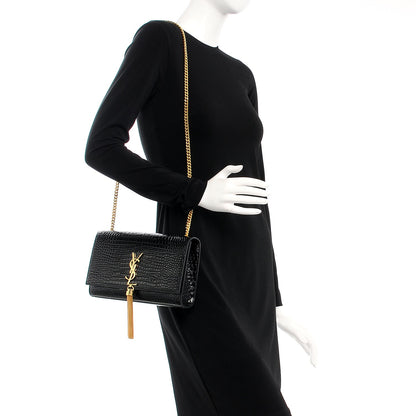 Saint Laurent Calfskin Crocodile Embossed Medium Classic Monogram Kate Tassel Satchel Black 2 of 8