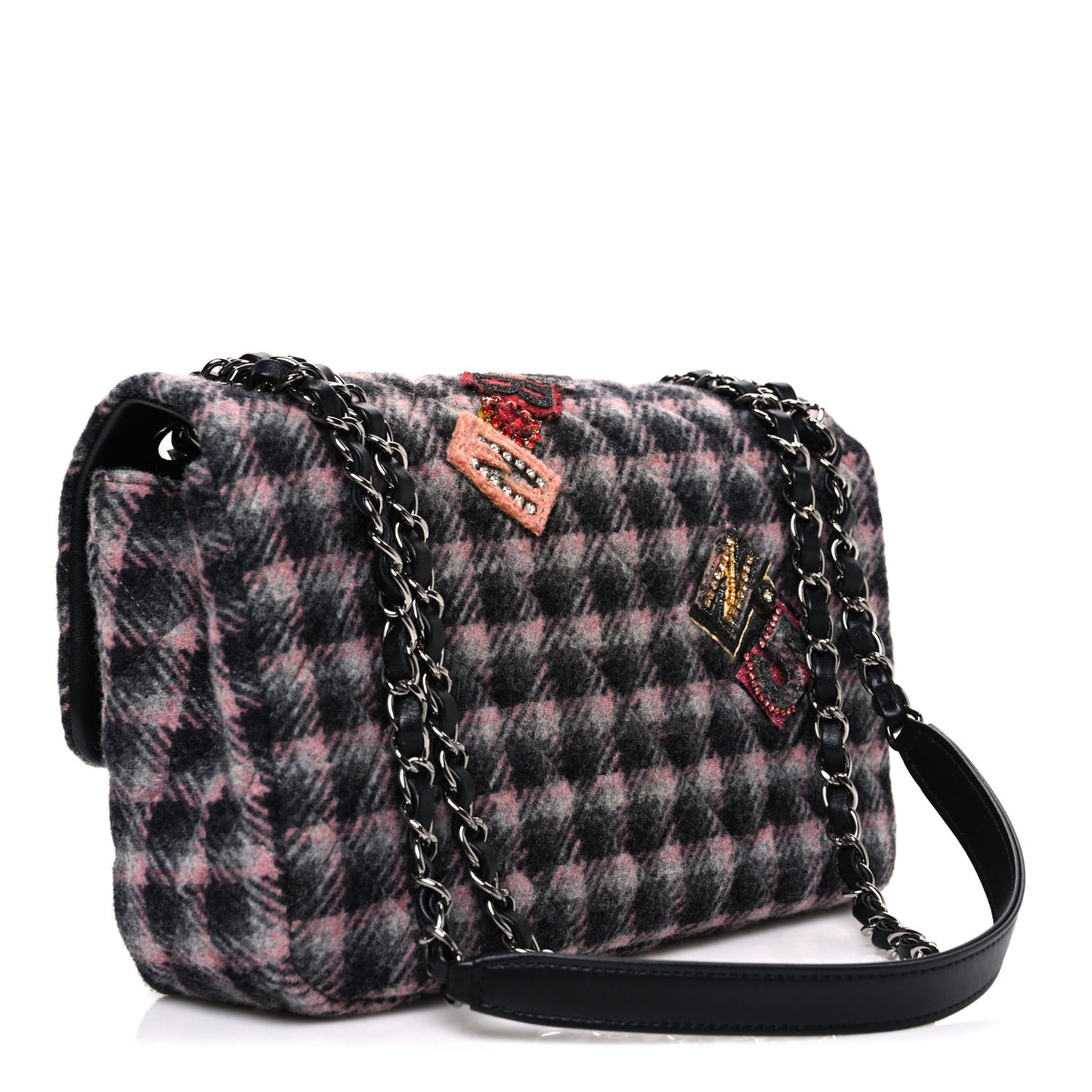 Wool Patchwork Medium Single Flap Pink Grey