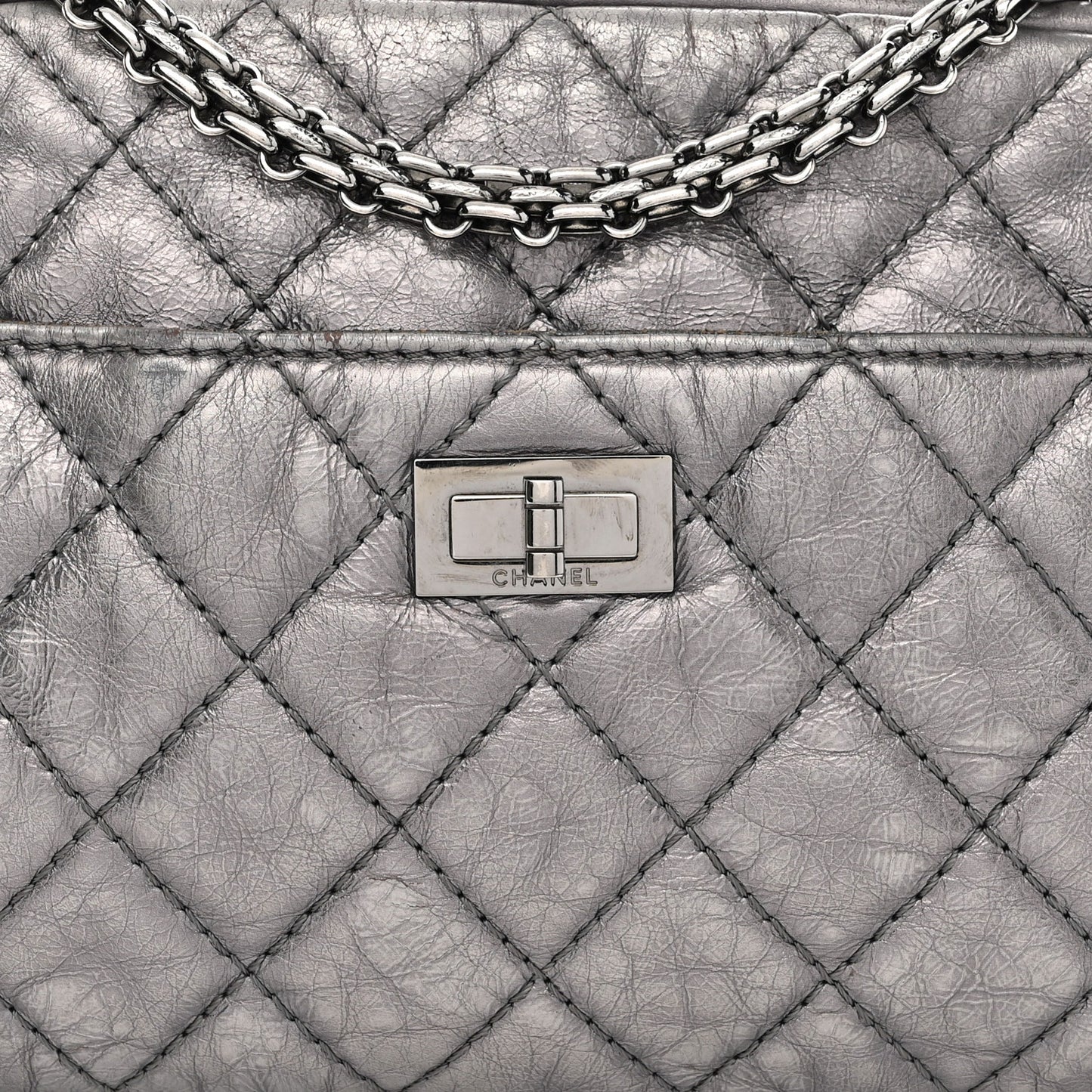 Metallic Aged Calfskin Quilted Medium Reissue Camera Case Dark Silver