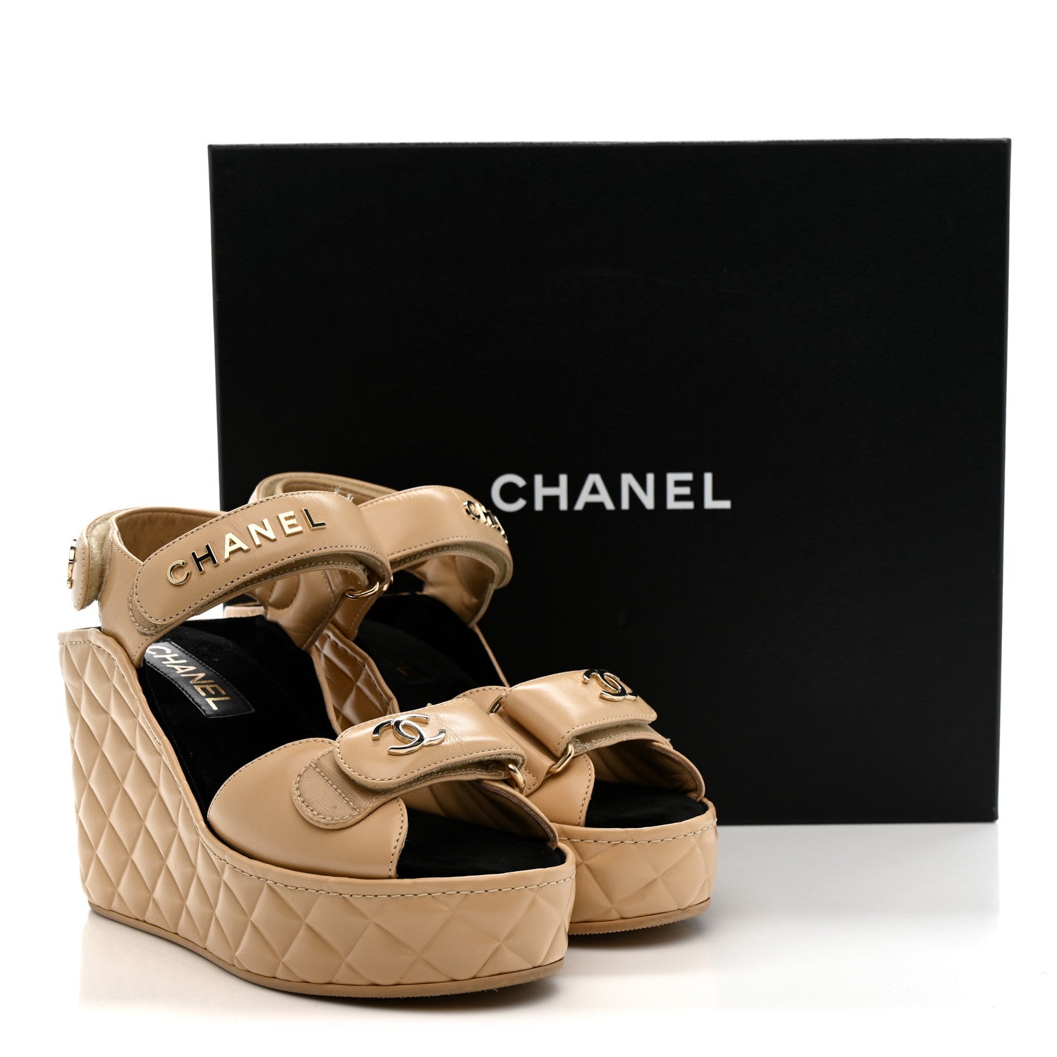 Chanel Shiny Calfskin Quilted Wedge Sandals 37 Beige 12 of 12