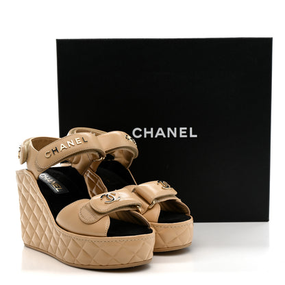 Chanel Shiny Calfskin Quilted Wedge Sandals 37 Beige 12 of 12