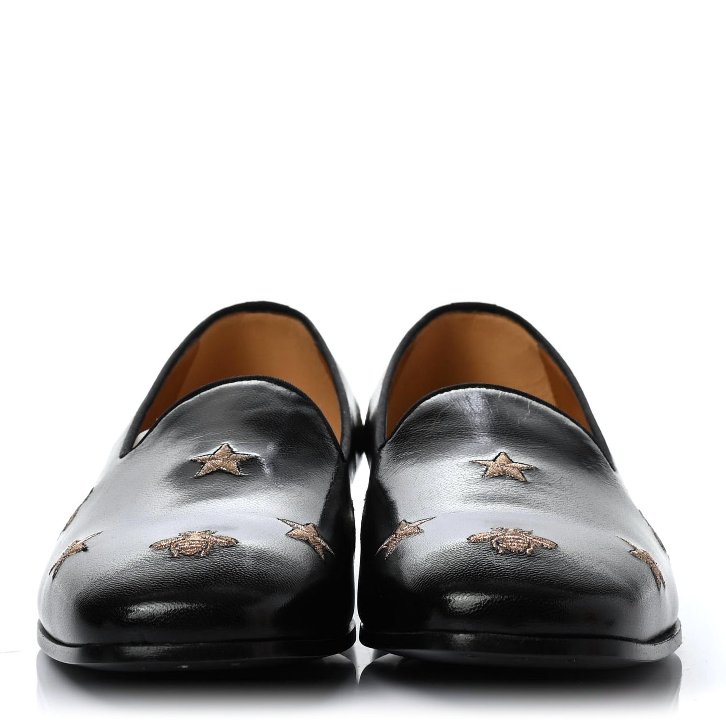 Calfskin Bee Star Embroidered Mens Slip On Loafers 7 Black