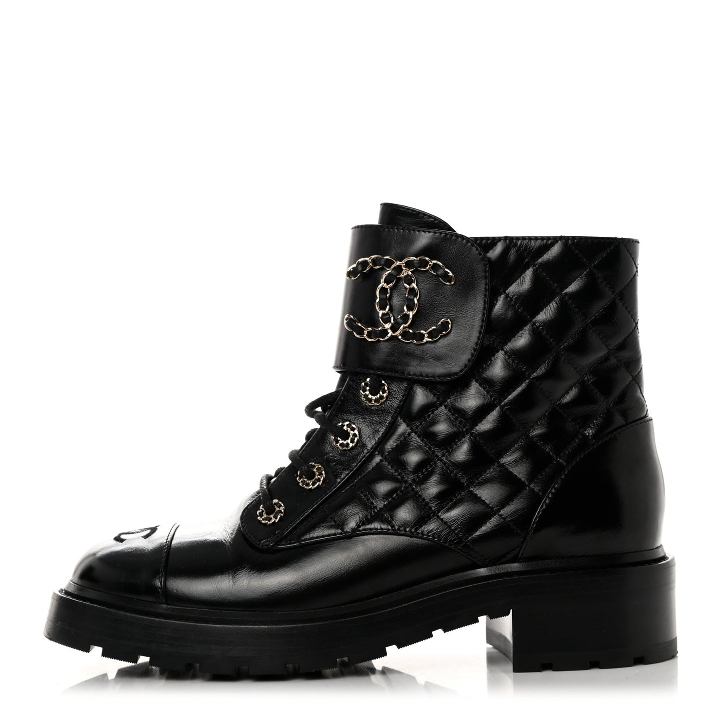 Shiny Calfskin Quilted Lace Up Combat Boots 41 Black