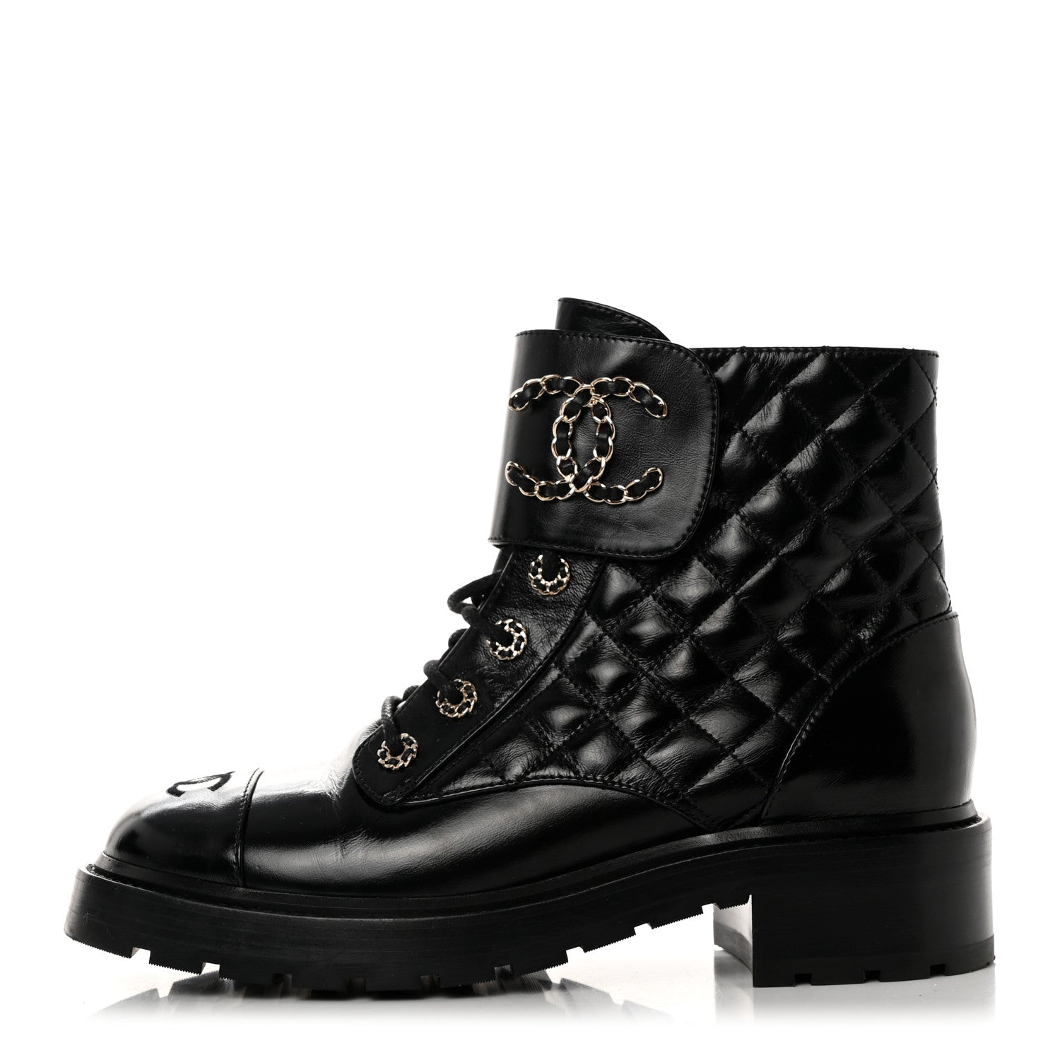 Chanel Shiny Calfskin Quilted Lace Up Combat Boots 41 Black 1 of 10