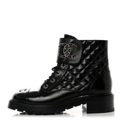 Chanel Shiny Calfskin Quilted Lace Up Combat Boots 41 Black 1 of 10