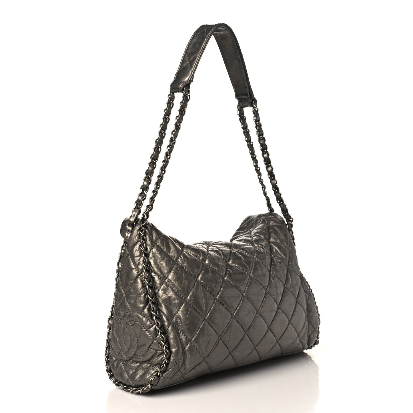 Metallic Calfskin Quilted Medium Chain Me Hobo Dark Silver