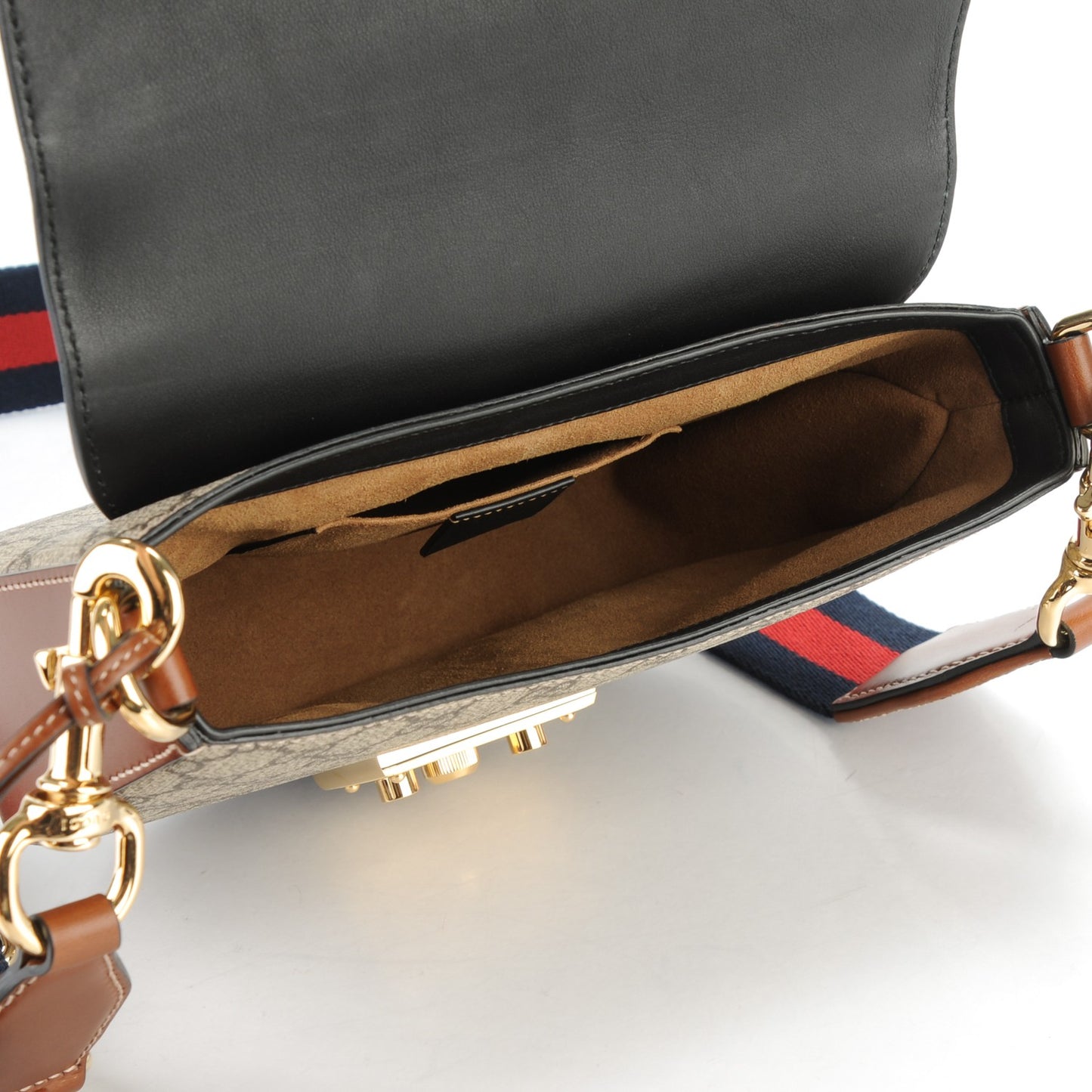 GG Supreme Monogram Web Medium Padlock Messenger Shoulder Bag Black