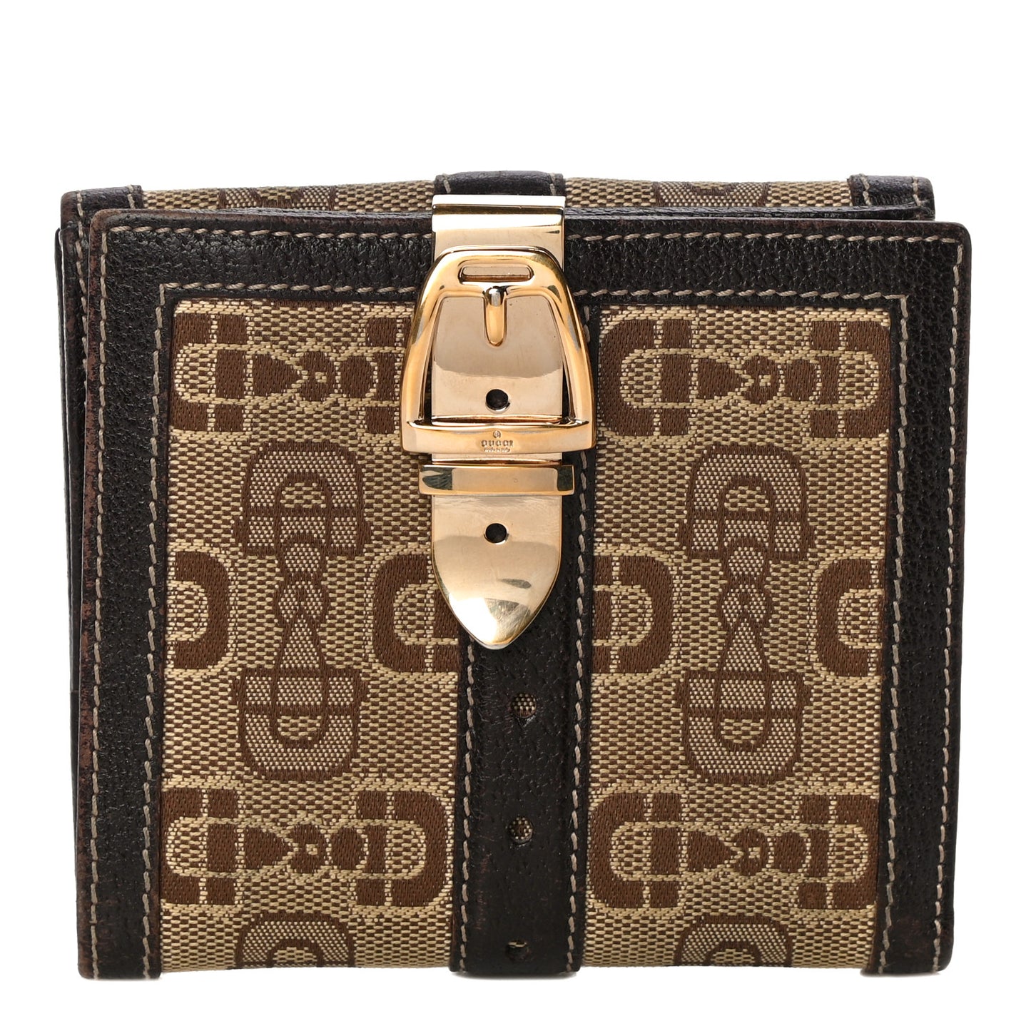 Horsebit Canvas Buckle Compact Wallet Brown