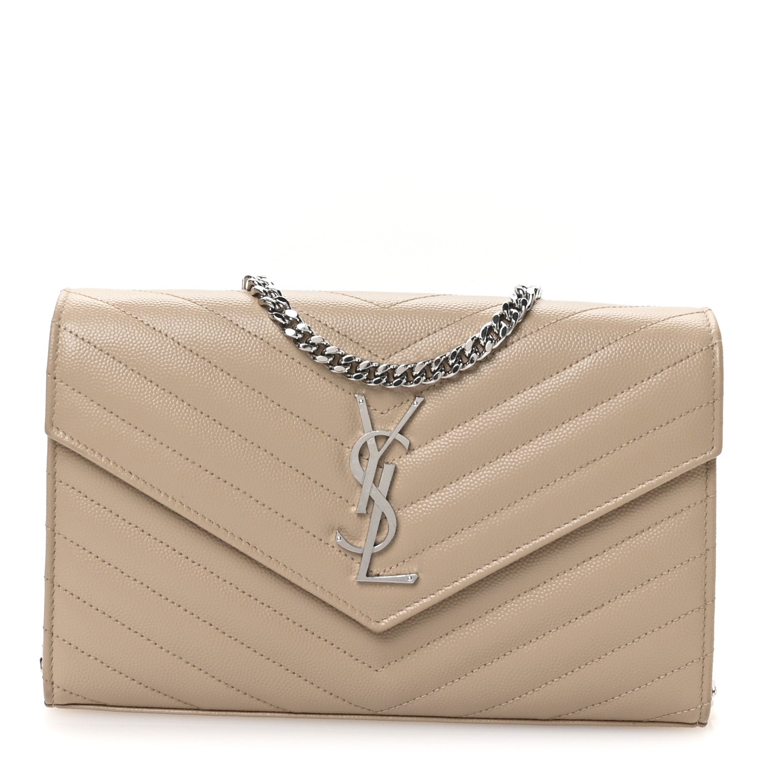 Saint Laurent Grain De Poudre Matelasse Chevron Monogram Chain Wallet Dark Beige 1 of 10