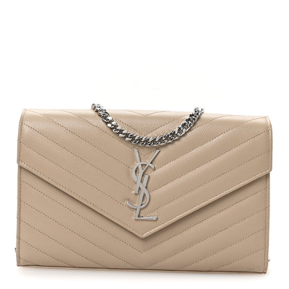 Saint Laurent Grain De Poudre Matelasse Chevron Monogram Chain Wallet Dark Beige 1 of 10