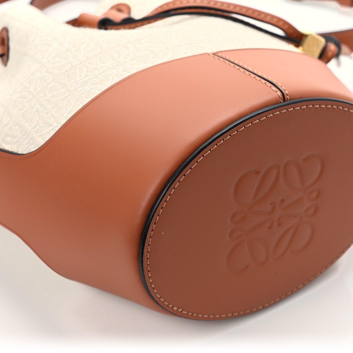 Calfskin Jacquard Linen Anagram Embroidered Mini Balloon Bucket Bag Ecru Tan