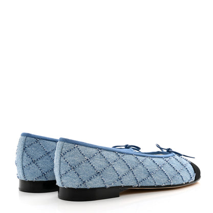 Chanel Denim Embroidered Grosgrain CC Cap Toe Ballerina Flats 37.5 Blue Black 4 of 8