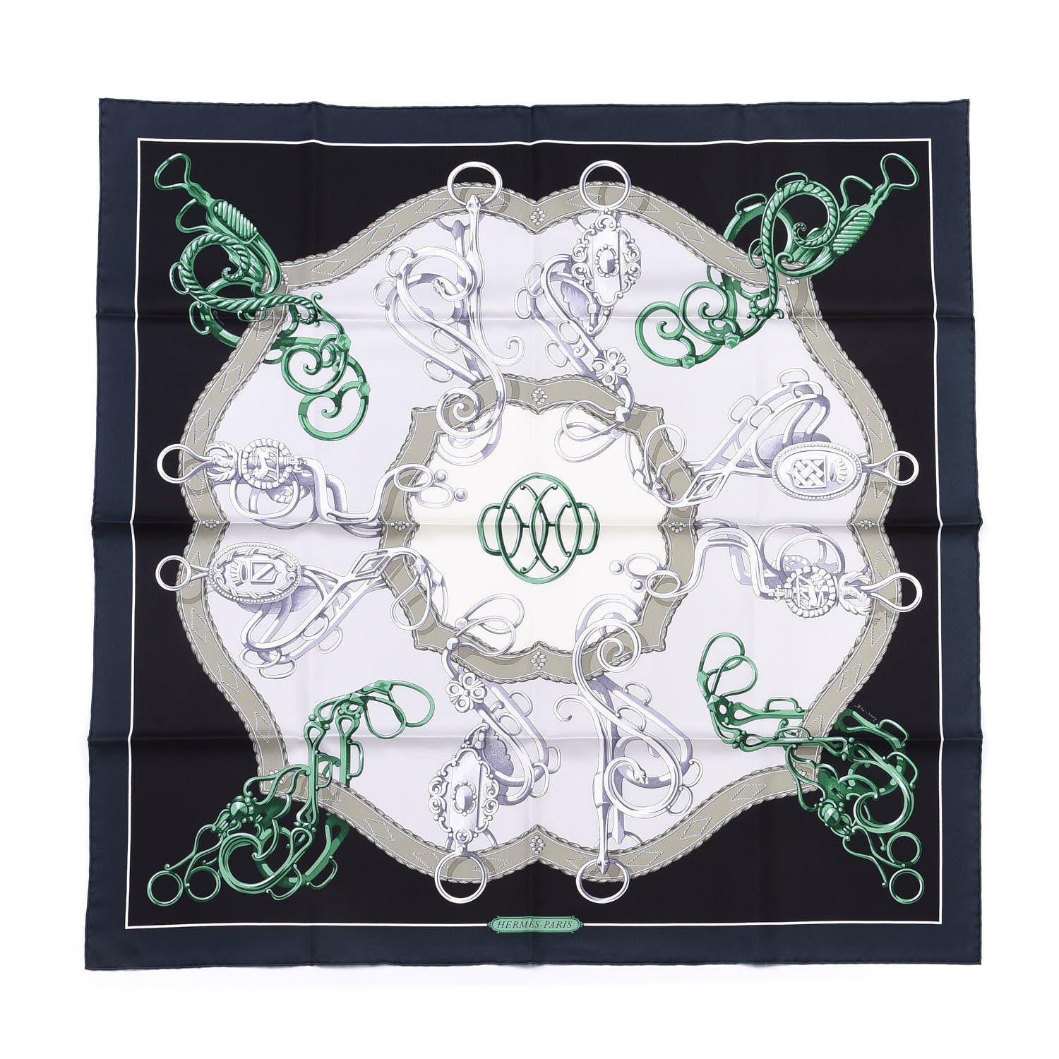 Hermes Silk Lift Profile Scarf 90 Vert Black Gris 1 of 4