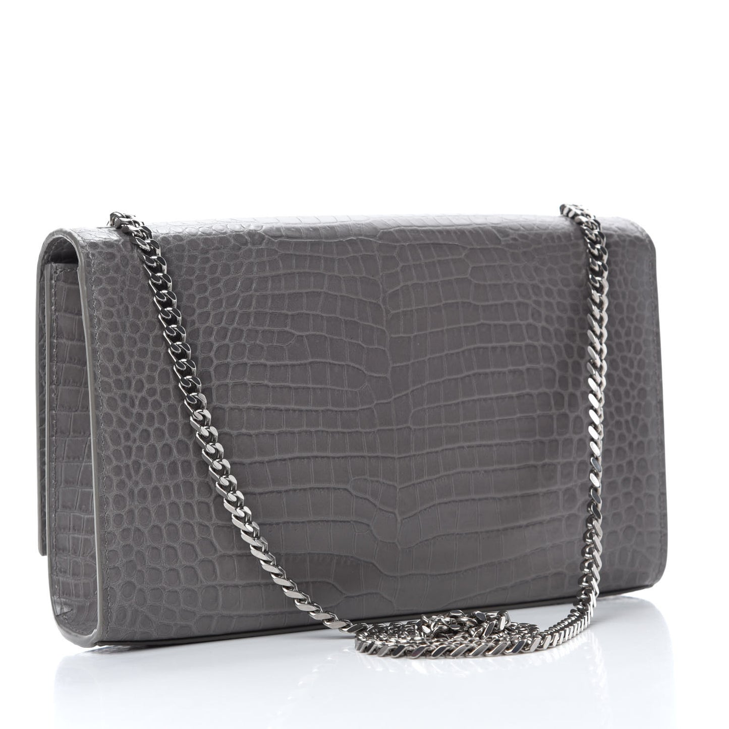 Calfskin Crocodile Embossed Medium Classic Monogram Kate Tassel Satchel Earth Grey