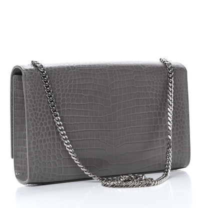 Saint Laurent Calfskin Crocodile Embossed Medium Classic Monogram Kate Tassel Satchel Earth Grey 3 of 10