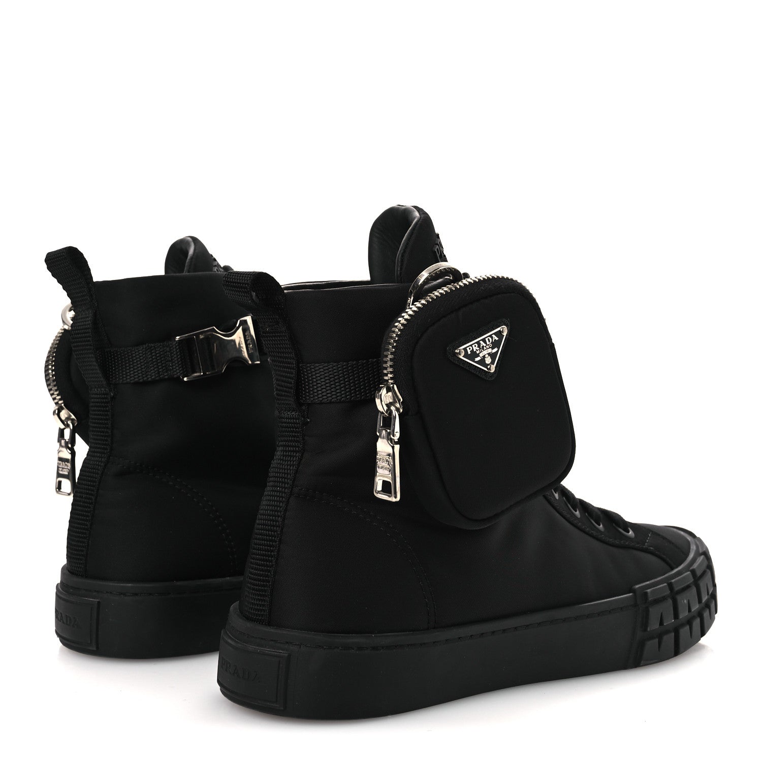 Prada Re-Nylon Gabardine Triangle Womens Wheel Pouch Pocket High Top Sneakers 38 Black 5 of 12