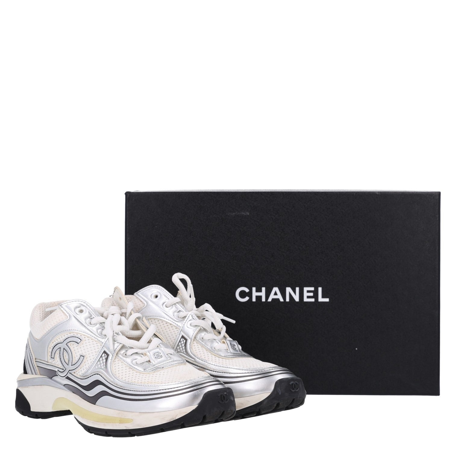 Chanel Fabric Laminated Calfskin Stretch CC Womens Sneakers 39 White Silver 10 of 10