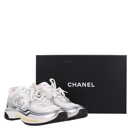 Chanel Fabric Laminated Calfskin Stretch CC Womens Sneakers 39 White Silver 10 of 10