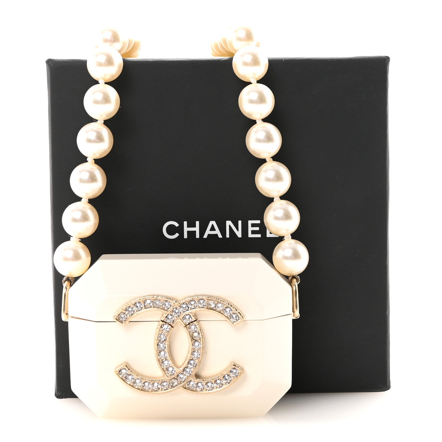 Chanel Resin Crystal Pearl Lambskin Airpods Pro Holder Necklace Pearly White 6 of 6