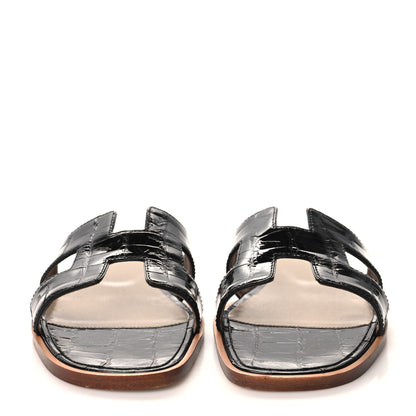 Hermes Shiny Alligator Oran Sandals 36.5 Black 2 of 9