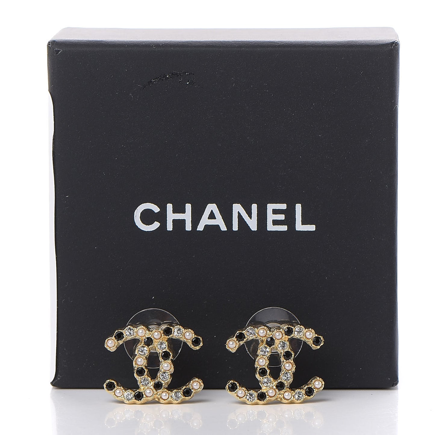 Resin Pearl Crystal CC Earrings Gold Black