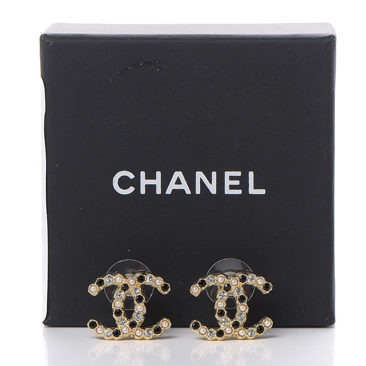 Chanel Resin Pearl Crystal CC Earrings Gold Black 5 of 5
