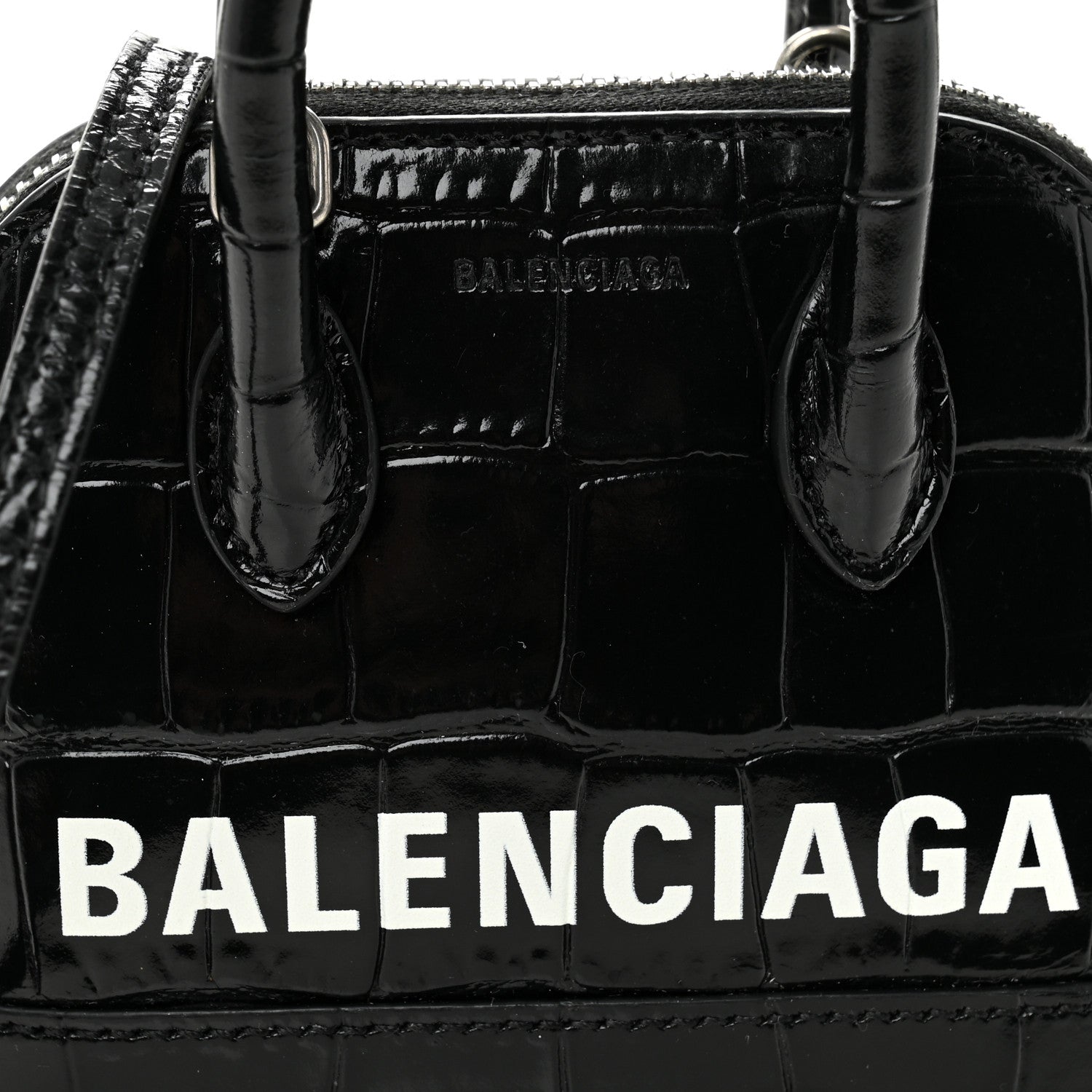 Balenciaga Shiny Calfskin Logo Crocodile Embossed Mini Ville Top