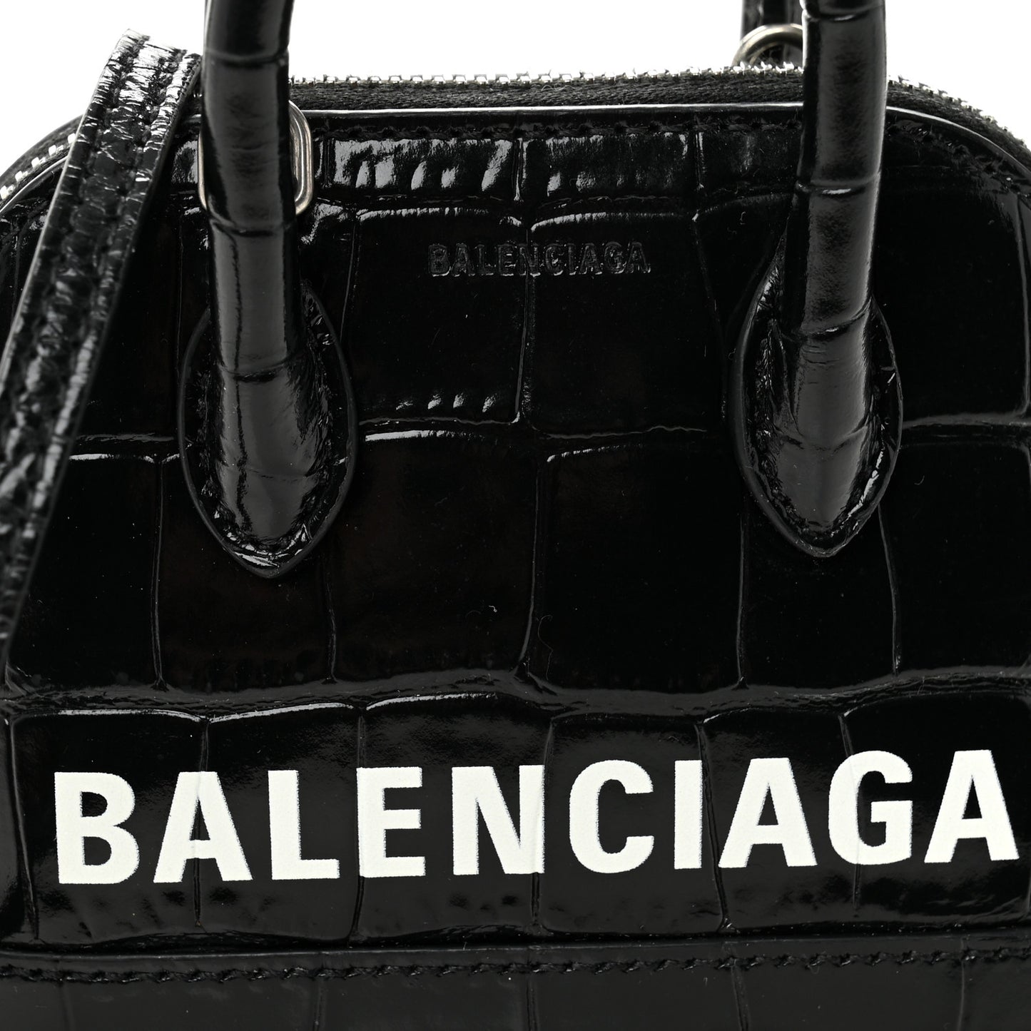 Shiny Calfskin Logo Crocodile Embossed Mini Ville Top Handle Bag Black