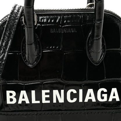Balenciaga Shiny Calfskin Logo Crocodile Embossed Mini Ville Top Handle Bag Black 8 of 10