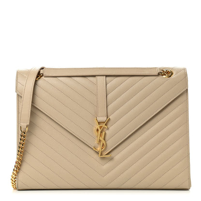 Saint Laurent Grain De Poudre Matelasse Chevron Large Monogram Satchel Dark Beige 1 of 14
