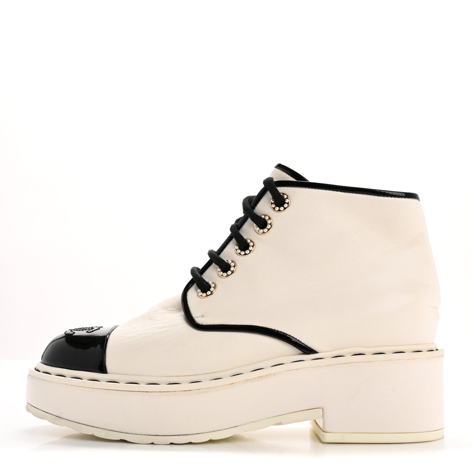 Chanel Lambskin Patent CC Cap Toe Pearl Short Boots 36.5 White Black 1 of 14