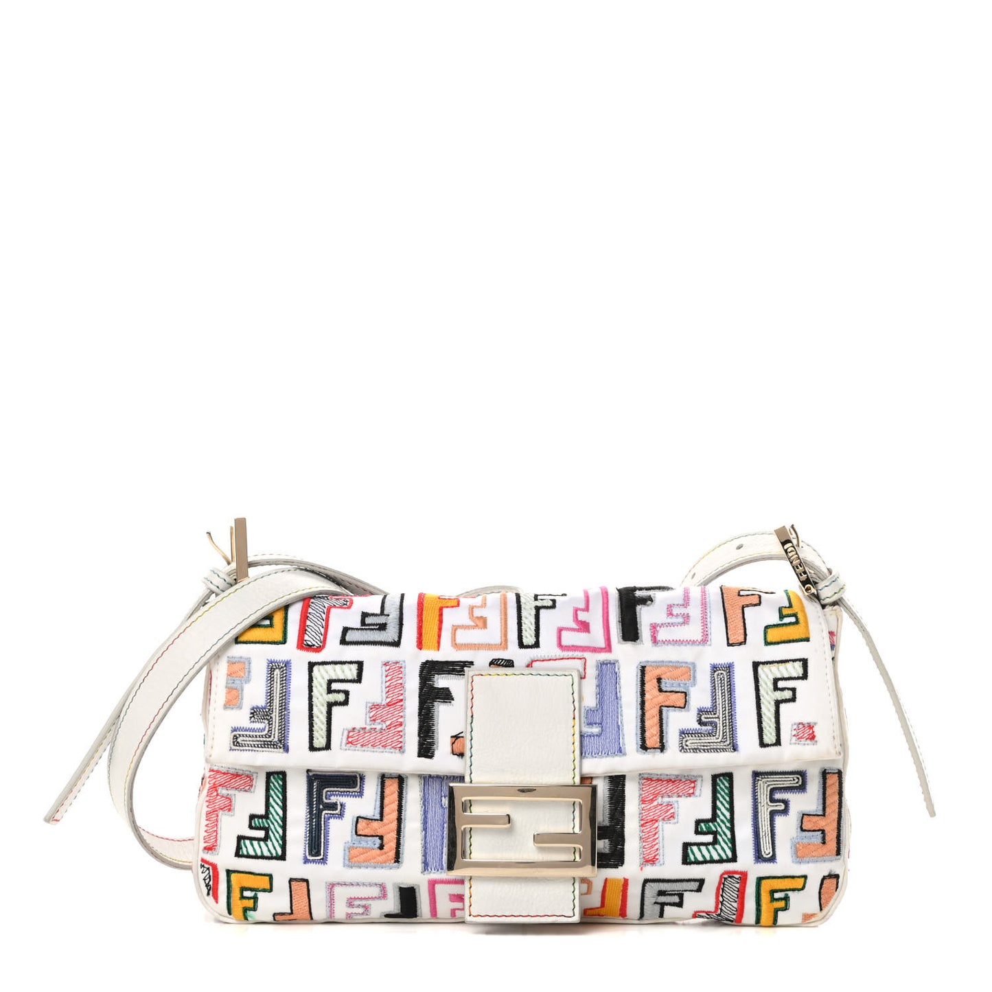 Nylon FF Multicolor Embroidered Baguette Multicolor White