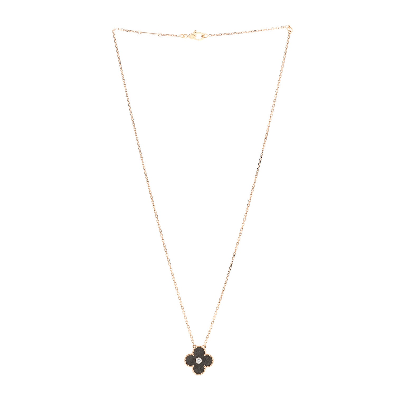 Van Cleef & Arpels 18K Rose Gold Diamond Silver Obsidian Vintage Alhambra Pendant Necklace 3 of 6
