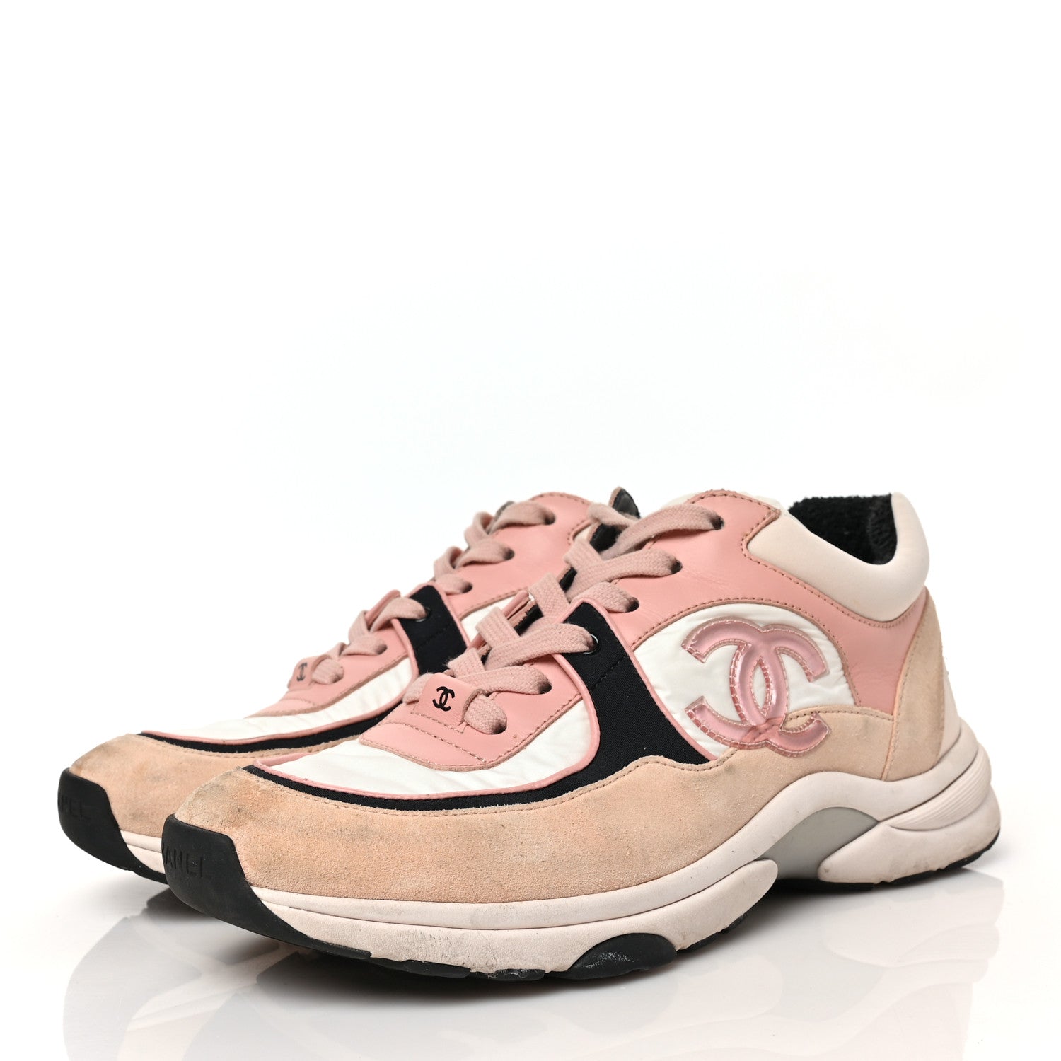 Chanel Nylon Lambskin Suede Calfskin CC Sneakers 38 Pink White Black 4 of 8