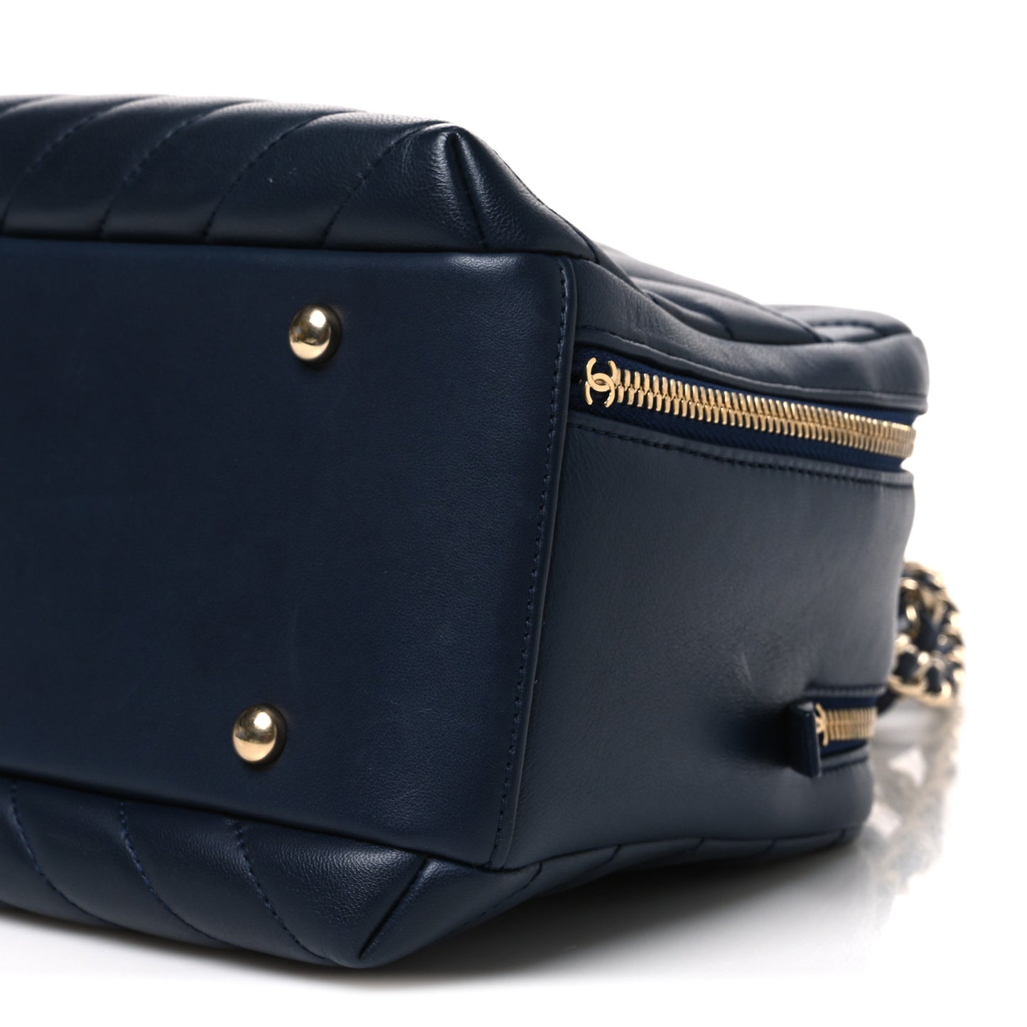 Lambskin Chevron Quilted Small Trendy CC Bowling Bag Navy Blue