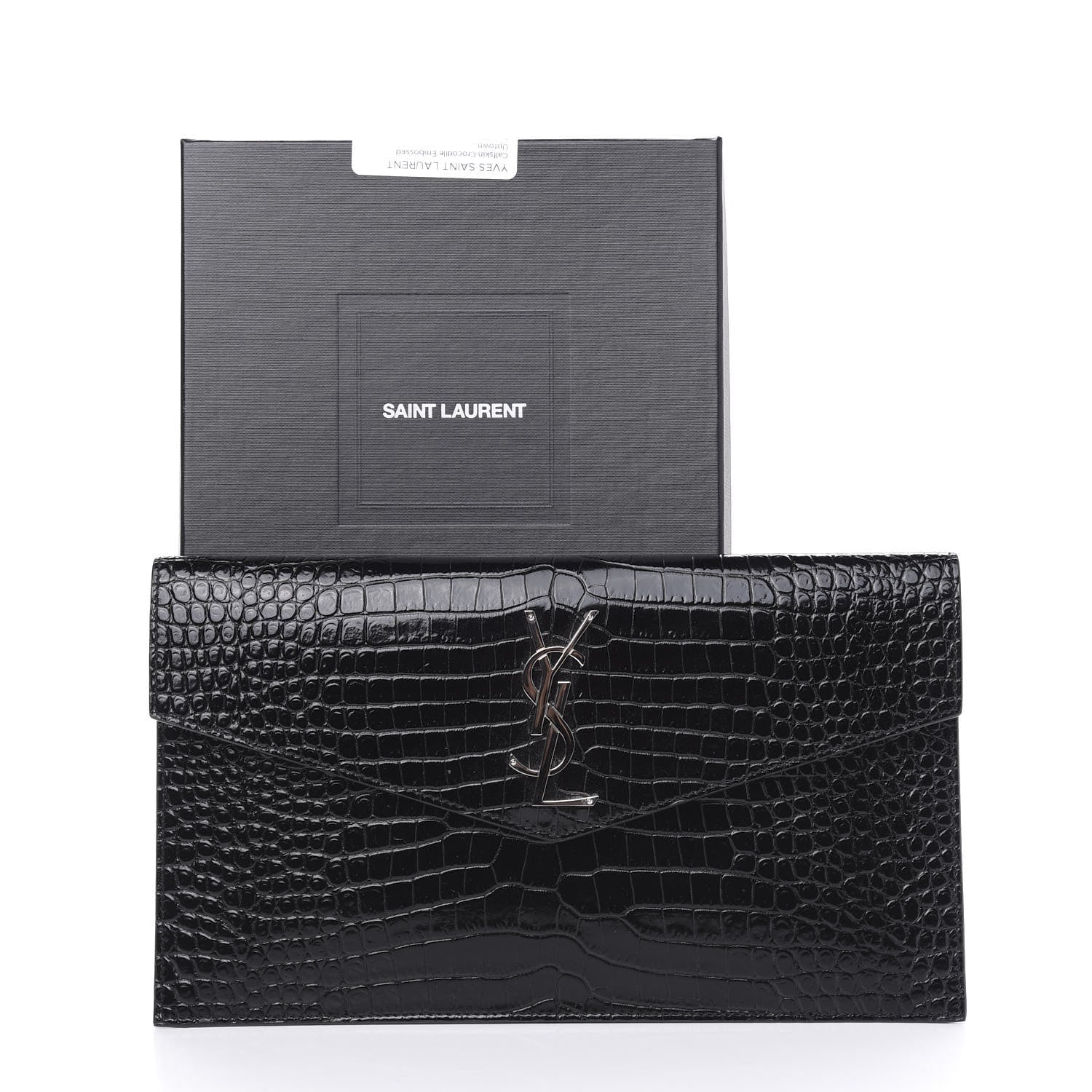 Saint Laurent Calfskin Crocodile Embossed Uptown Monogram Clutch Black 7 of 7