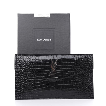 Saint Laurent Calfskin Crocodile Embossed Uptown Monogram Clutch Black 7 of 7