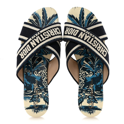 Christian Dior Canvas Palms Embroidered Dway Criss Cross Slide Sandals 38.5 Indigo Blue 2 of 10