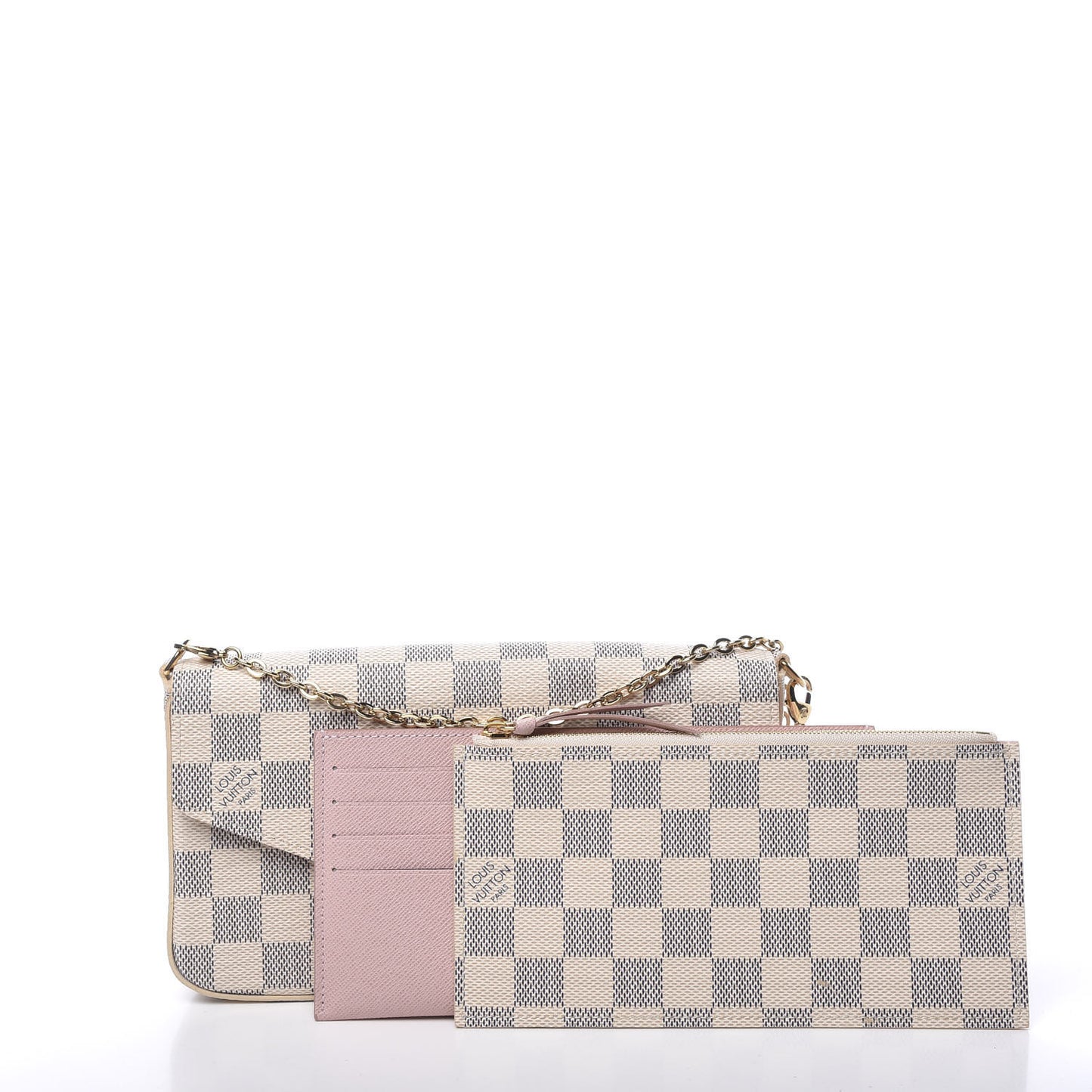 Damier Azur Pochette Felicie Chain Wallet Rose Ballerine