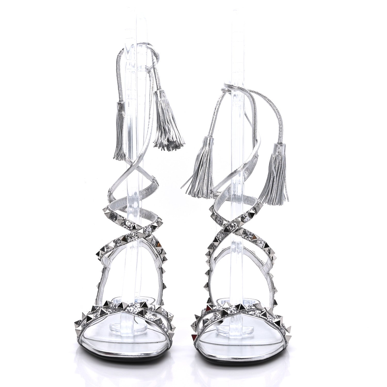 Valentino Garavani Nappa Glitter Rockstud Tassel Ankle Wrap Flat Sandals 38 Silver 2 of 7