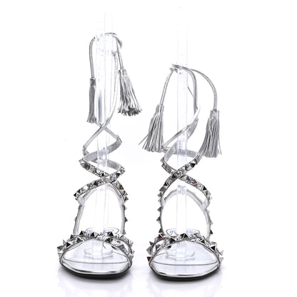 Valentino Garavani Nappa Glitter Rockstud Tassel Ankle Wrap Flat Sandals 38 Silver 2 of 7