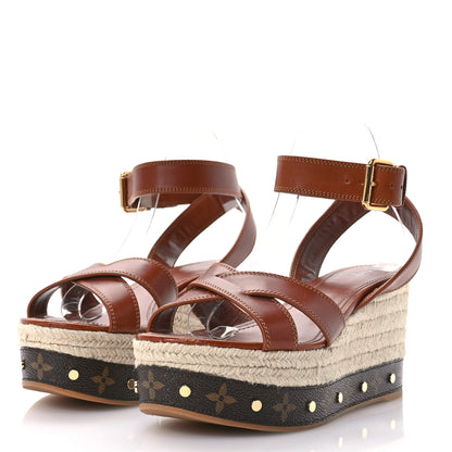 Louis Vuitton Calfskin Studded Espadrille Wedge Sandals 41 Cognac 4 of 10